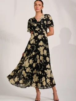 Chiffon Ruffle Sleeve Pleated Maxi Dress, Black Floral