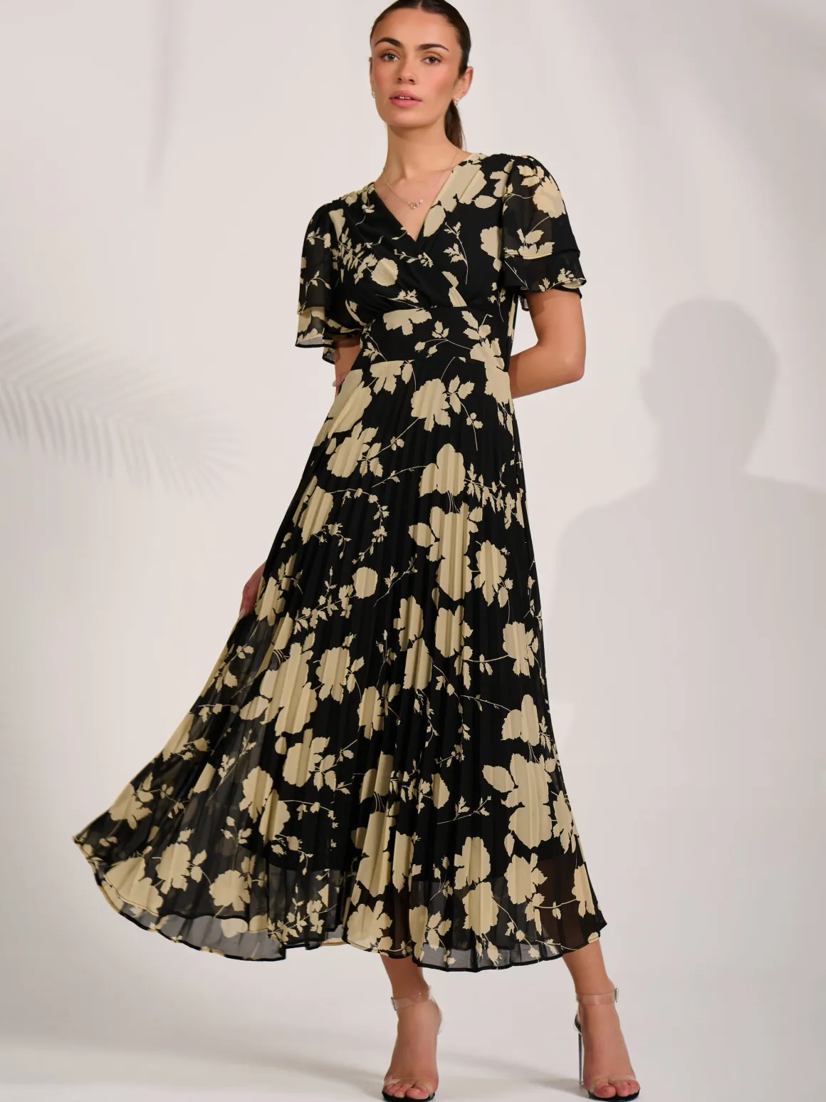 Chiffon Ruffle Sleeve Pleated Maxi Dress, Black Floral