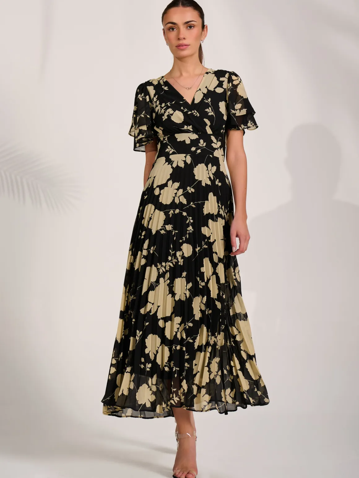Chiffon Ruffle Sleeve Pleated Maxi Dress, Black Floral