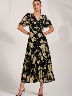 Chiffon Ruffle Sleeve Pleated Maxi Dress, Black Floral