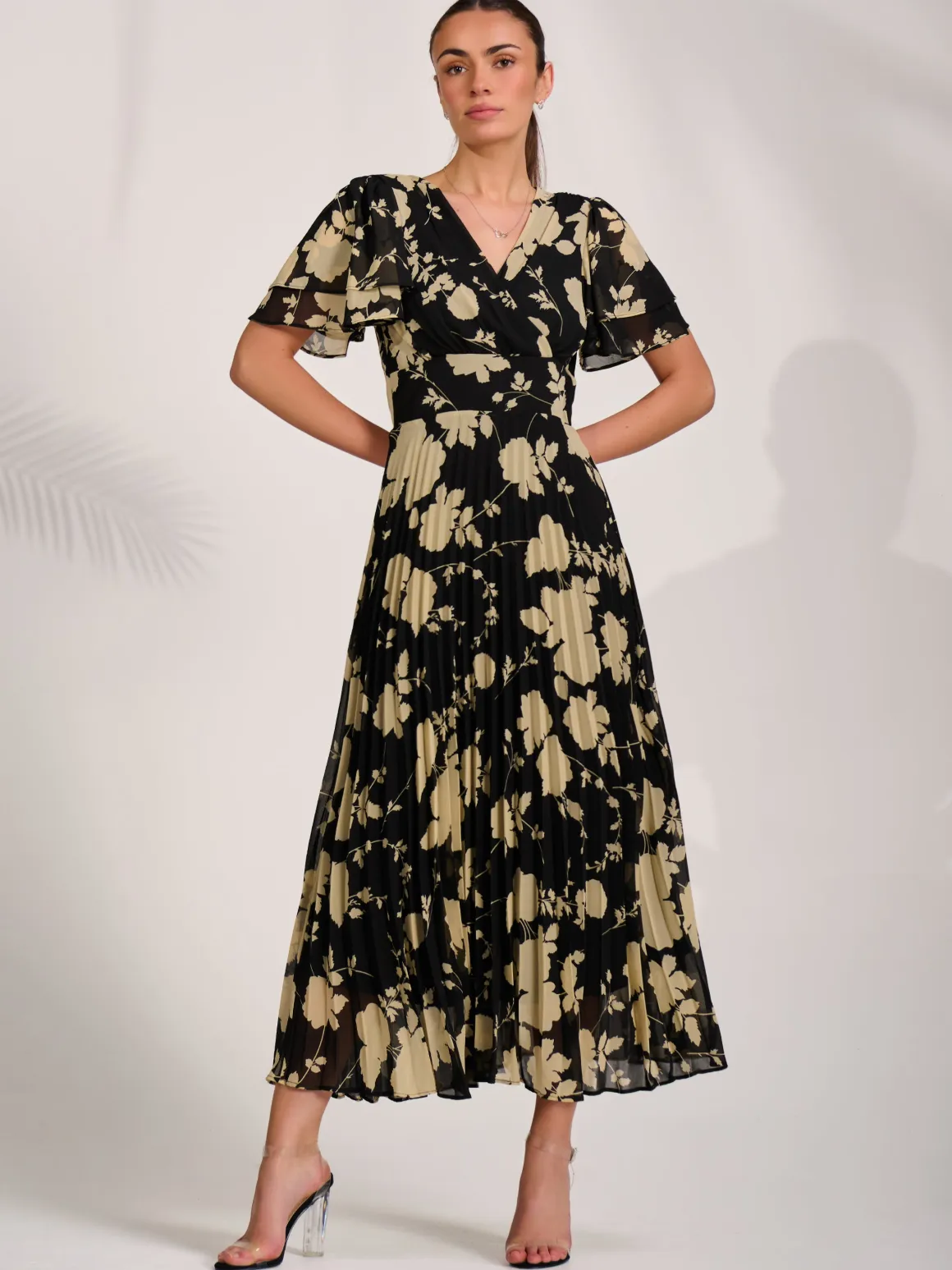 Chiffon Ruffle Sleeve Pleated Maxi Dress, Black Floral