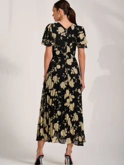 Chiffon Ruffle Sleeve Pleated Maxi Dress, Black Floral