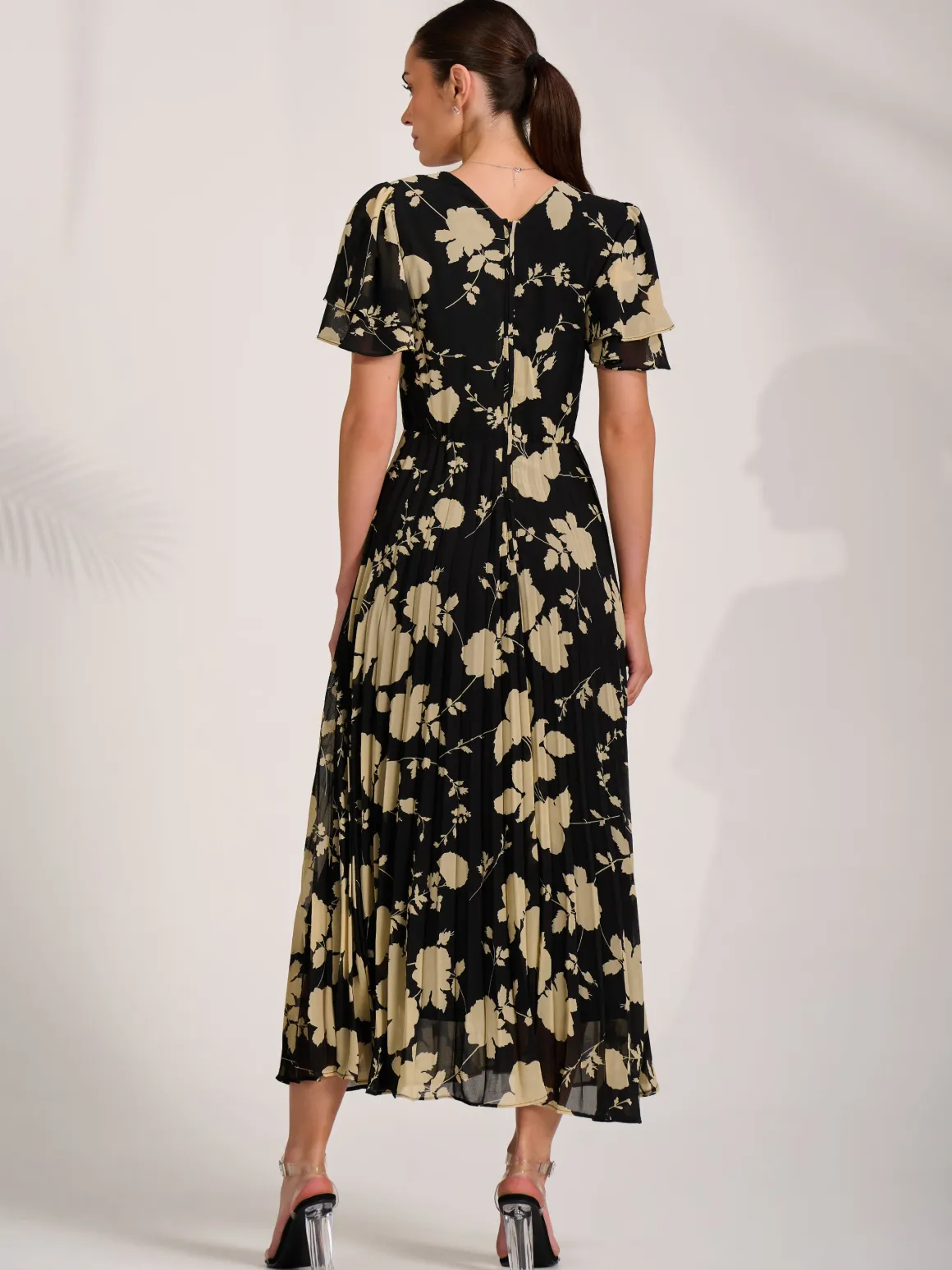 Chiffon Ruffle Sleeve Pleated Maxi Dress, Black Floral