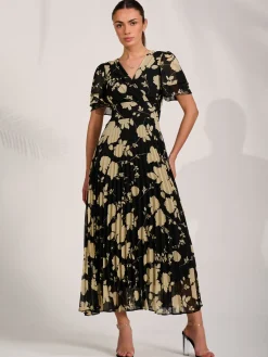 Chiffon Ruffle Sleeve Pleated Maxi Dress, Black Floral