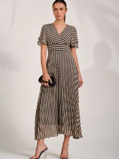 Chiffon Ruffle Sleeve Pleated Maxi Dress, Black Geo
