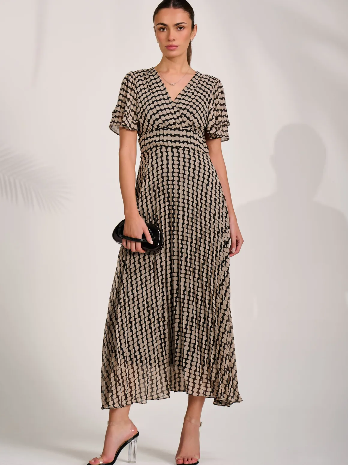 Chiffon Ruffle Sleeve Pleated Maxi Dress, Black Geo