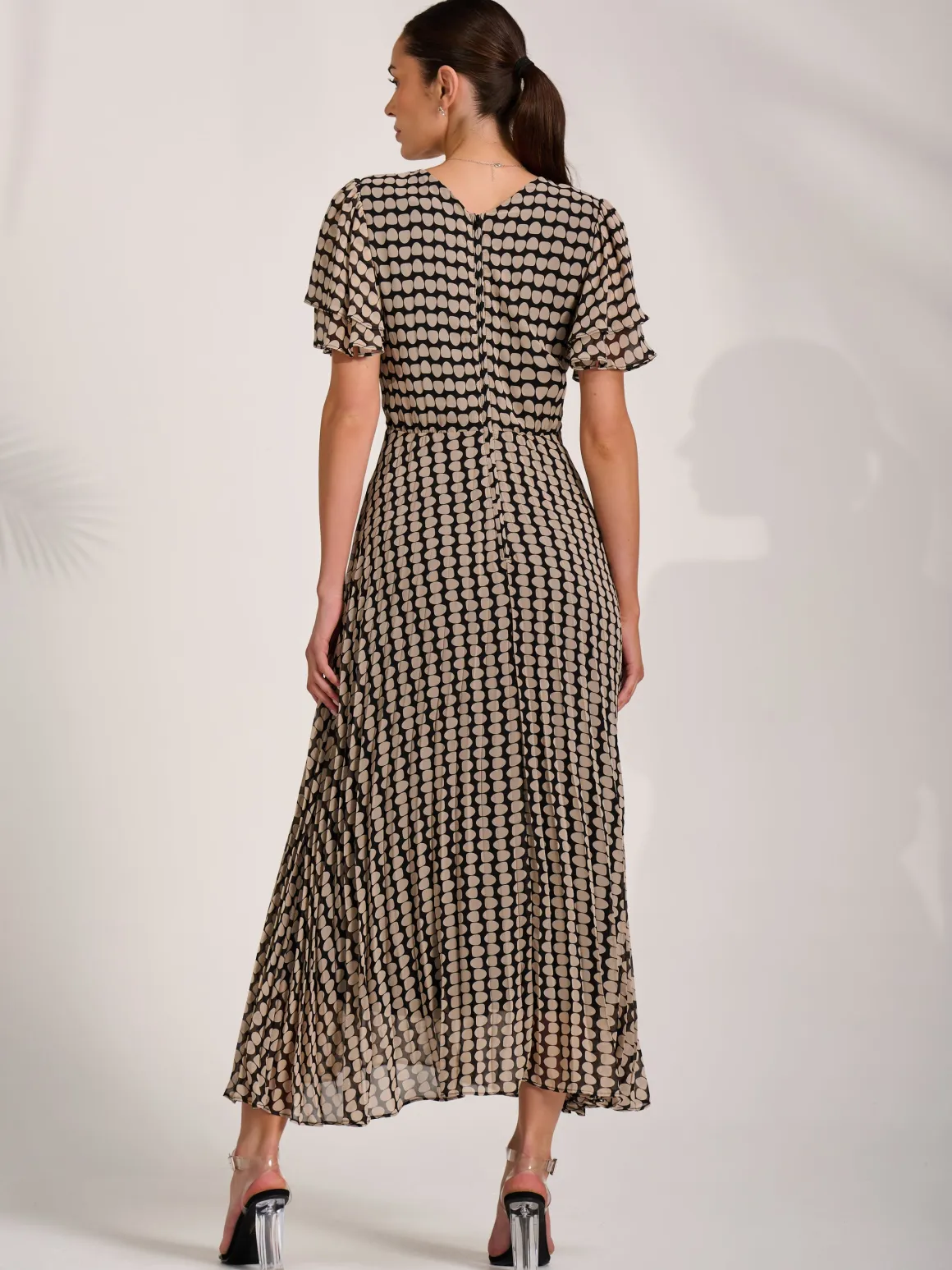 Chiffon Ruffle Sleeve Pleated Maxi Dress, Black Geo