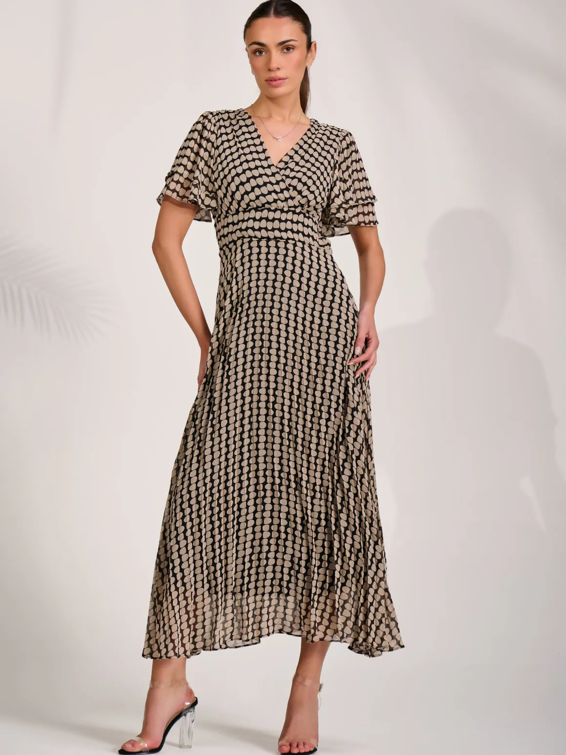 Chiffon Ruffle Sleeve Pleated Maxi Dress, Black Geo
