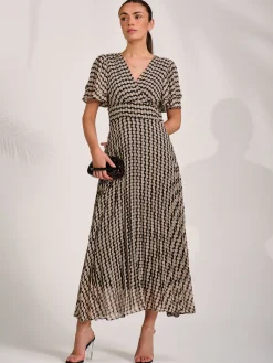 Chiffon Ruffle Sleeve Pleated Maxi Dress, Black Geo