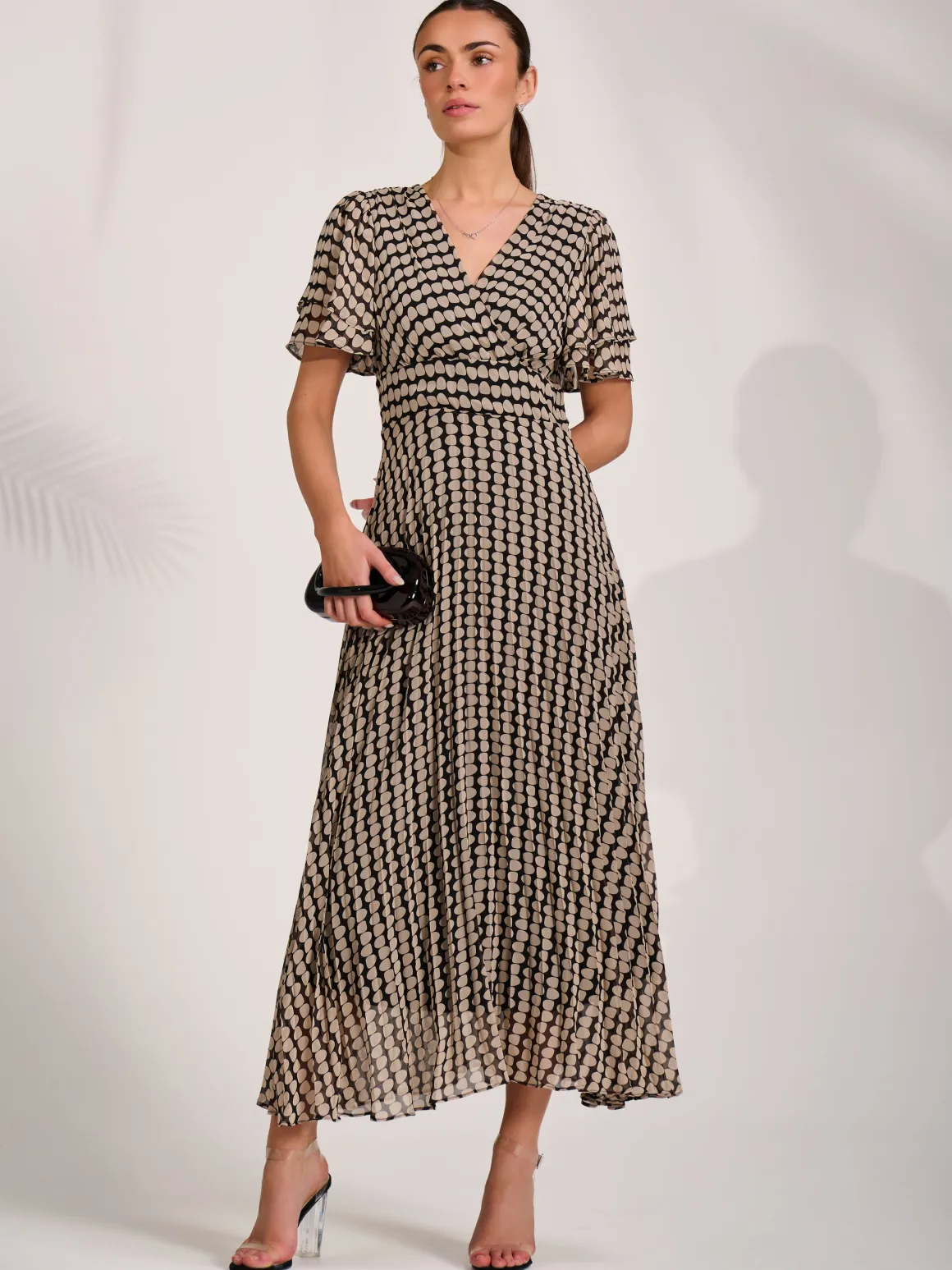 Chiffon Ruffle Sleeve Pleated Maxi Dress, Black Geo