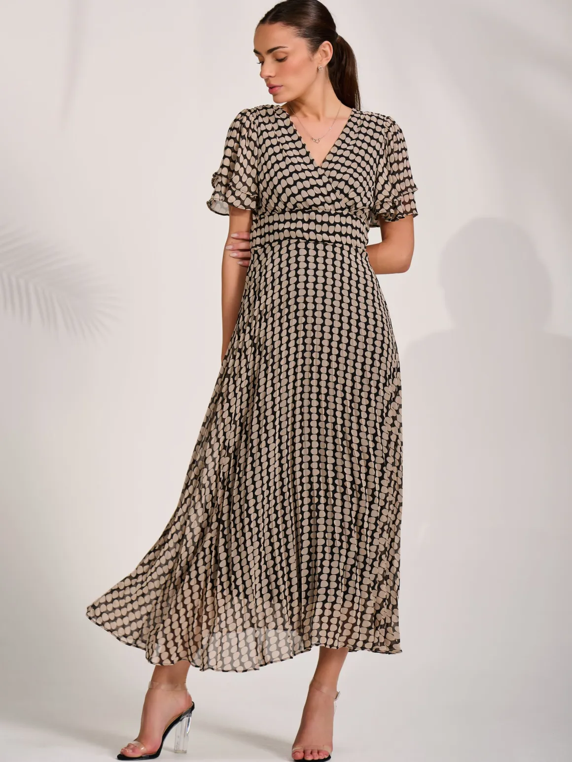 Chiffon Ruffle Sleeve Pleated Maxi Dress, Black Geo
