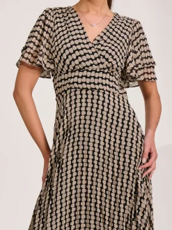 Chiffon Ruffle Sleeve Pleated Maxi Dress, Black Geo