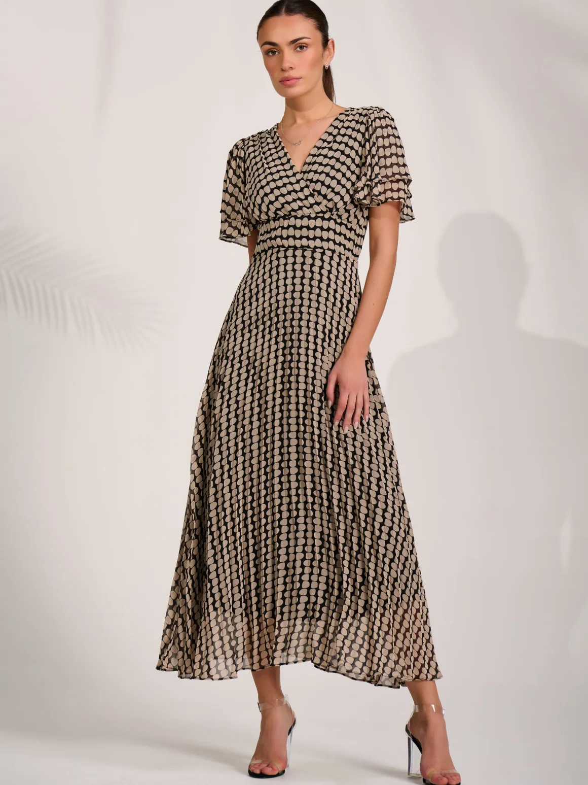 Chiffon Ruffle Sleeve Pleated Maxi Dress, Black Geo