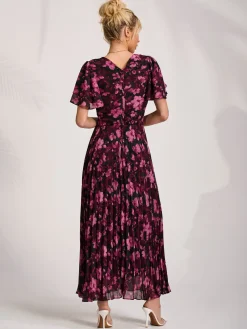 Chiffon Ruffle Sleeve Pleated Maxi Dress, Purple Floral