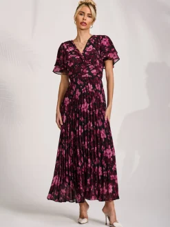 Chiffon Ruffle Sleeve Pleated Maxi Dress, Purple Floral