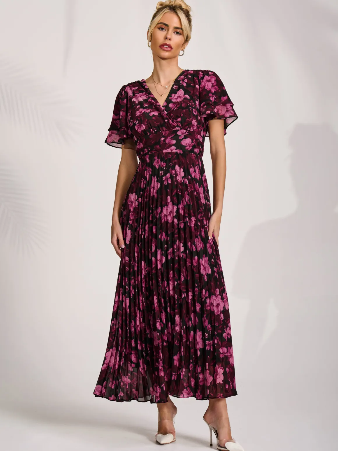 Chiffon Ruffle Sleeve Pleated Maxi Dress, Purple Floral