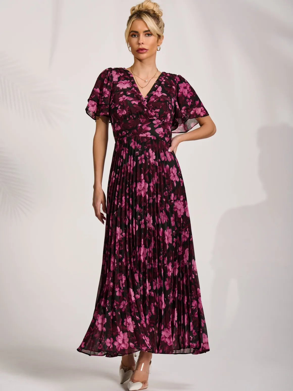 Chiffon Ruffle Sleeve Pleated Maxi Dress, Purple Floral