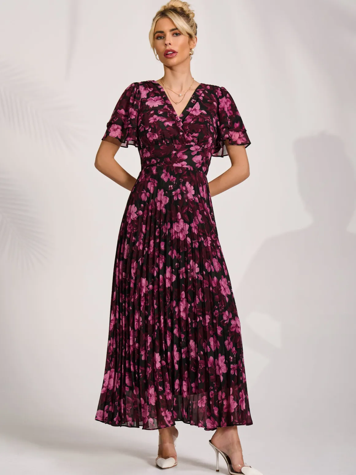 Chiffon Ruffle Sleeve Pleated Maxi Dress, Purple Floral