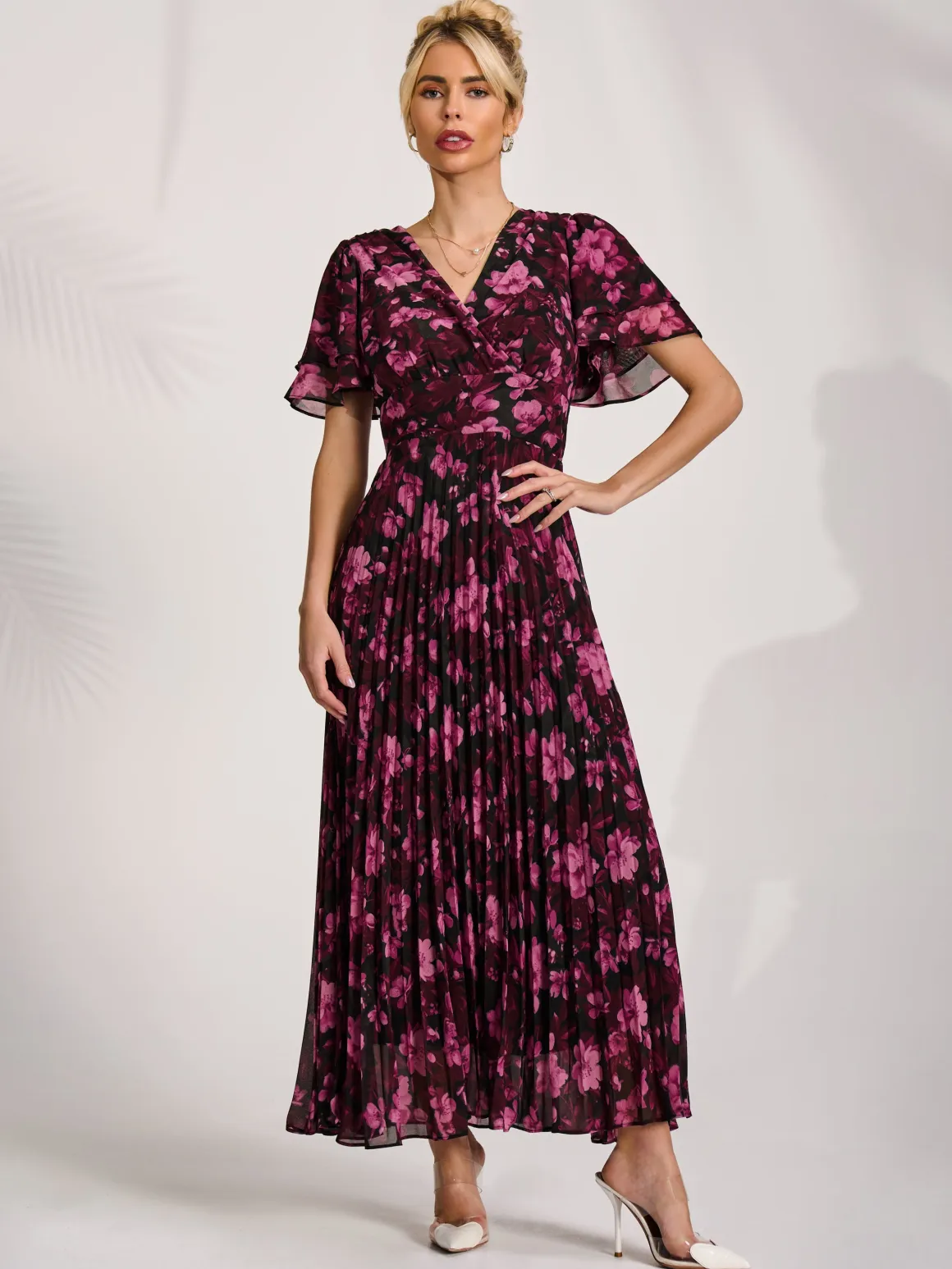 Chiffon Ruffle Sleeve Pleated Maxi Dress, Purple Floral