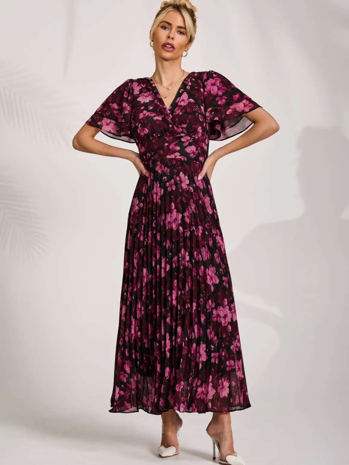 Chiffon Ruffle Sleeve Pleated Maxi Dress, Purple Floral