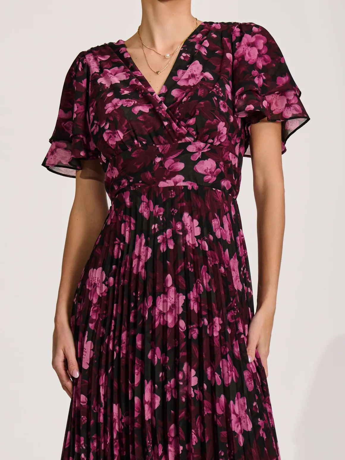 Chiffon Ruffle Sleeve Pleated Maxi Dress, Purple Floral