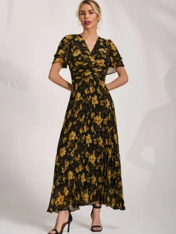 Chiffon Ruffle Sleeve Pleated Maxi Dress, Yellow Floral