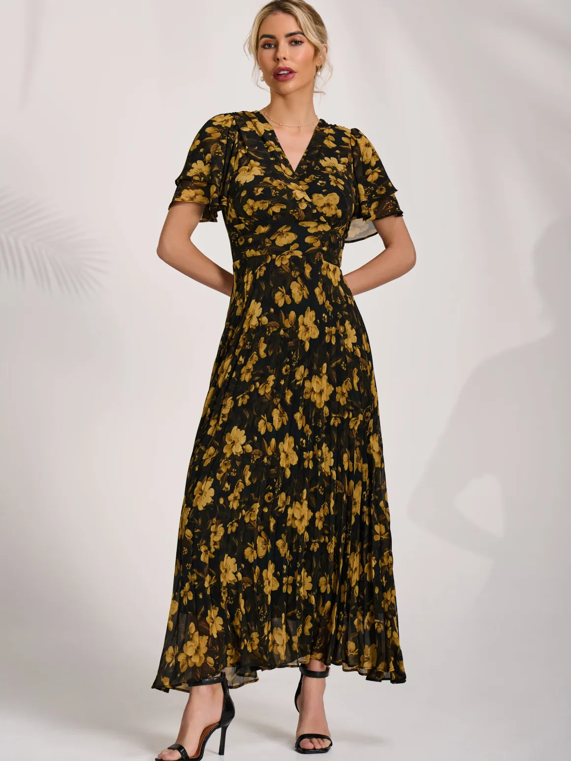 Chiffon Ruffle Sleeve Pleated Maxi Dress, Yellow Floral