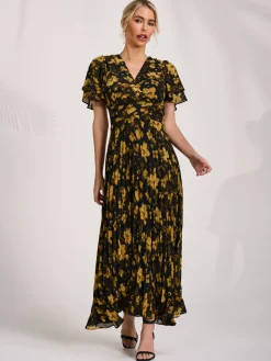 Chiffon Ruffle Sleeve Pleated Maxi Dress, Yellow Floral