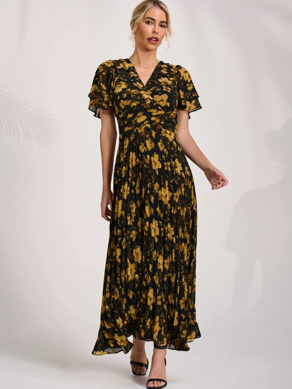 Chiffon Ruffle Sleeve Pleated Maxi Dress, Yellow Floral