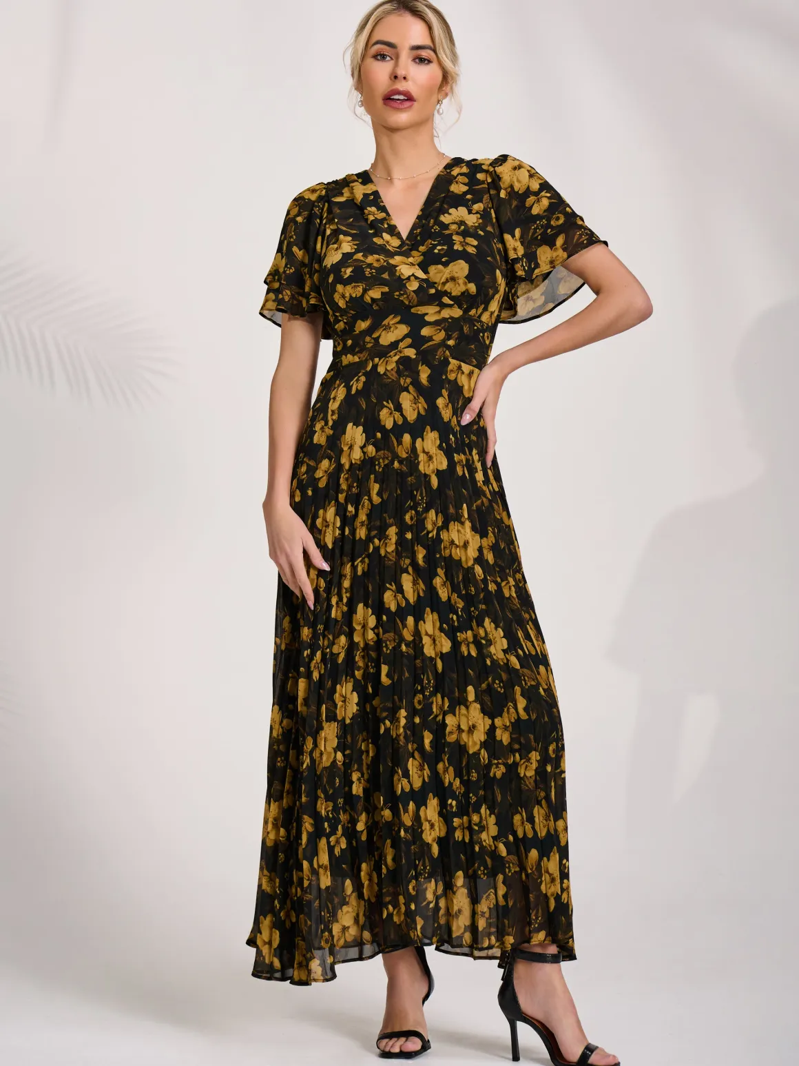 Chiffon Ruffle Sleeve Pleated Maxi Dress, Yellow Floral