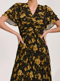 Chiffon Ruffle Sleeve Pleated Maxi Dress, Yellow Floral