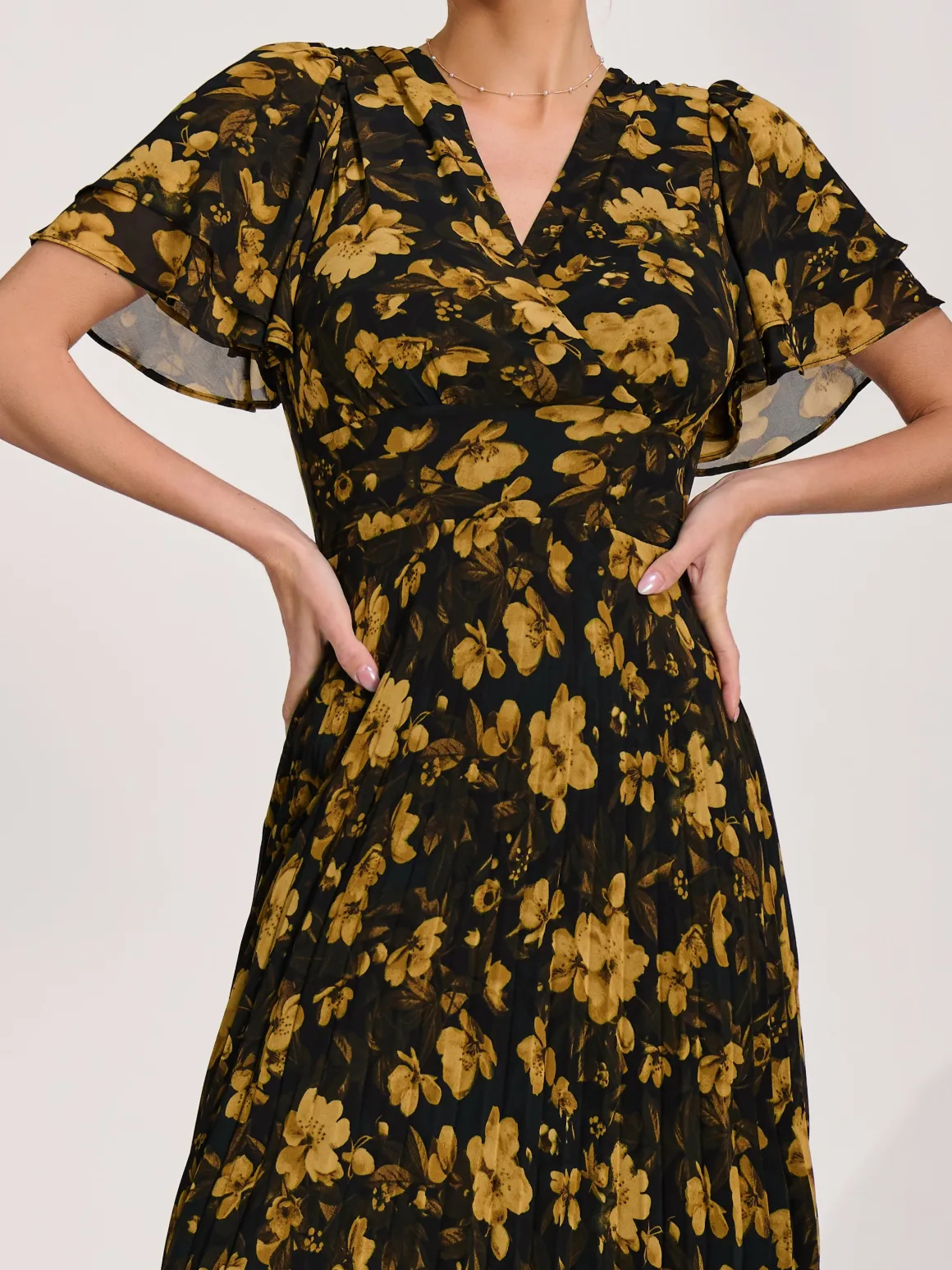 Chiffon Ruffle Sleeve Pleated Maxi Dress, Yellow Floral