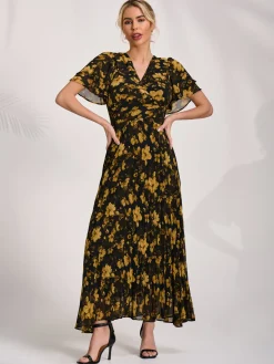 Chiffon Ruffle Sleeve Pleated Maxi Dress, Yellow Floral