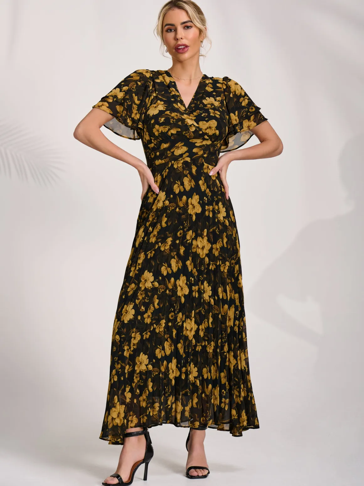 Chiffon Ruffle Sleeve Pleated Maxi Dress, Yellow Floral