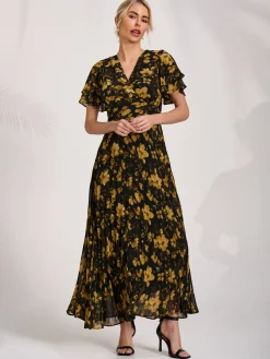 Chiffon Ruffle Sleeve Pleated Maxi Dress, Yellow Floral
