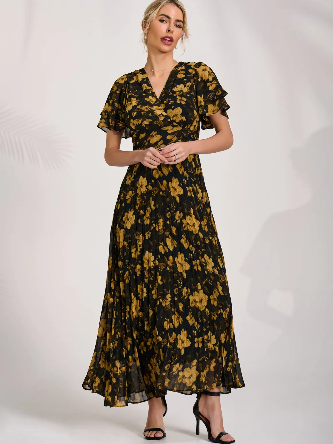 Chiffon Ruffle Sleeve Pleated Maxi Dress, Yellow Floral