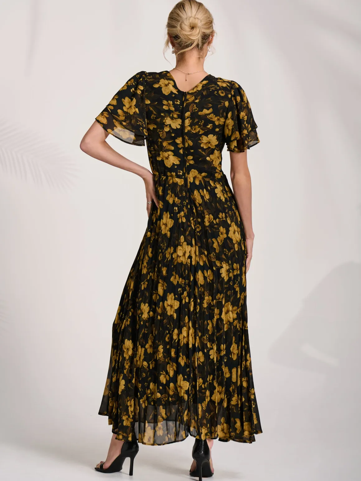 Chiffon Ruffle Sleeve Pleated Maxi Dress, Yellow Floral