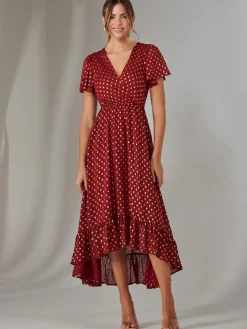 Chiffon Short Sleeve Midaxi Dress, Burgundy