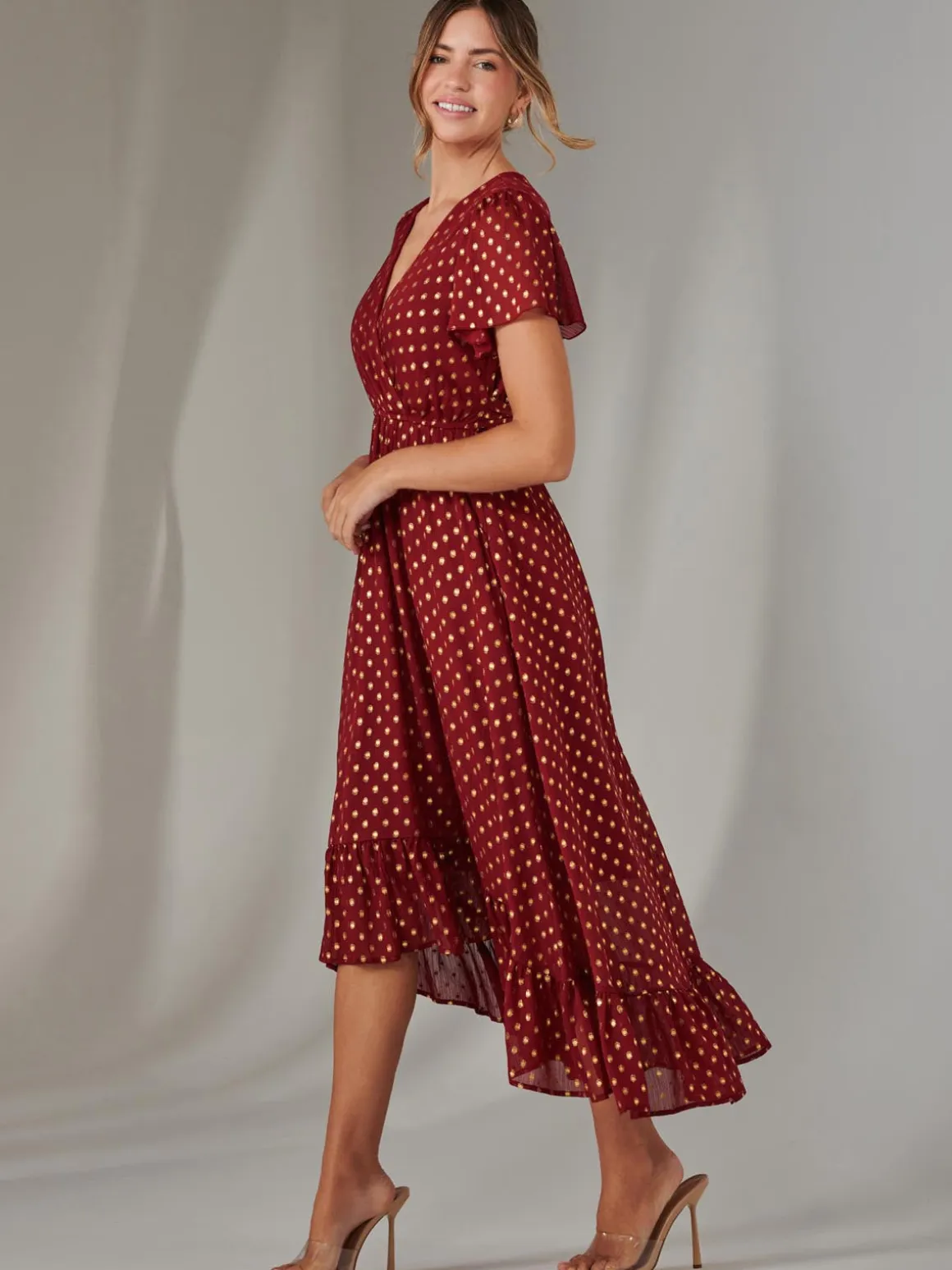 Chiffon Short Sleeve Midaxi Dress, Burgundy