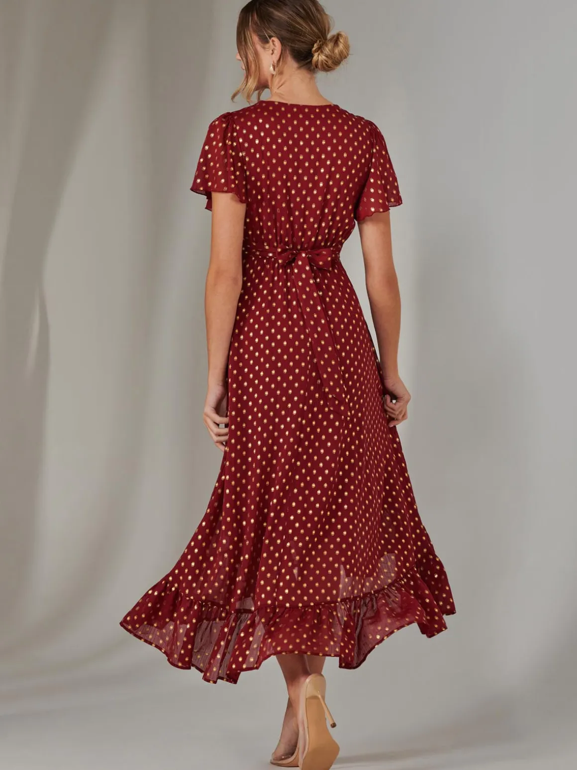 Chiffon Short Sleeve Midaxi Dress, Burgundy