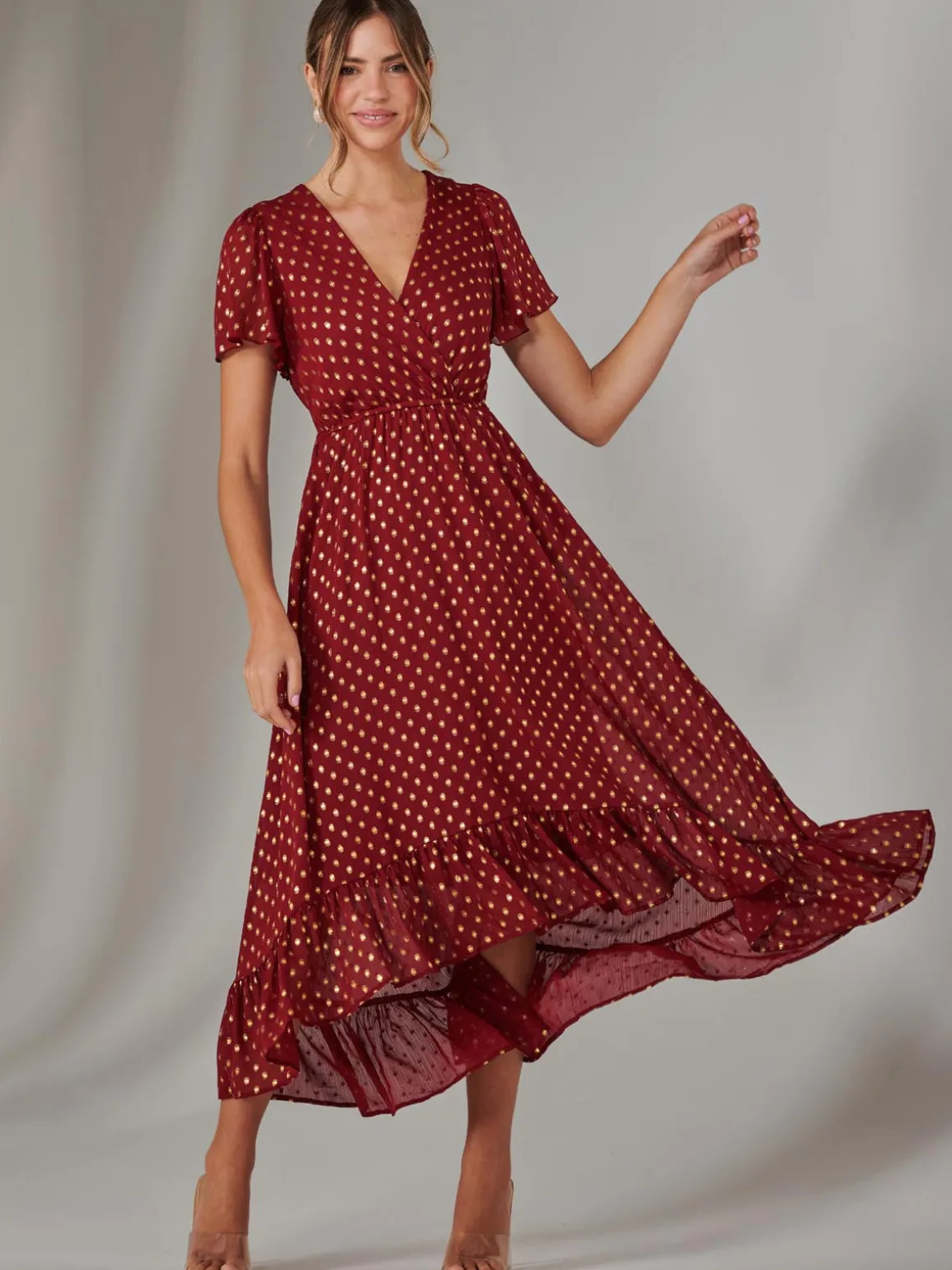Chiffon Short Sleeve Midaxi Dress, Burgundy