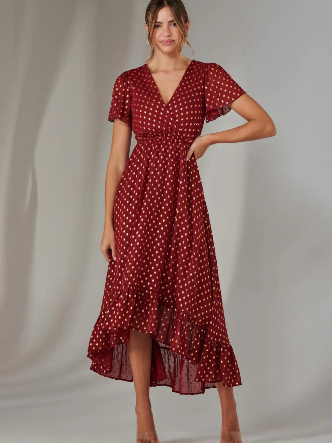 Chiffon Short Sleeve Midaxi Dress, Burgundy