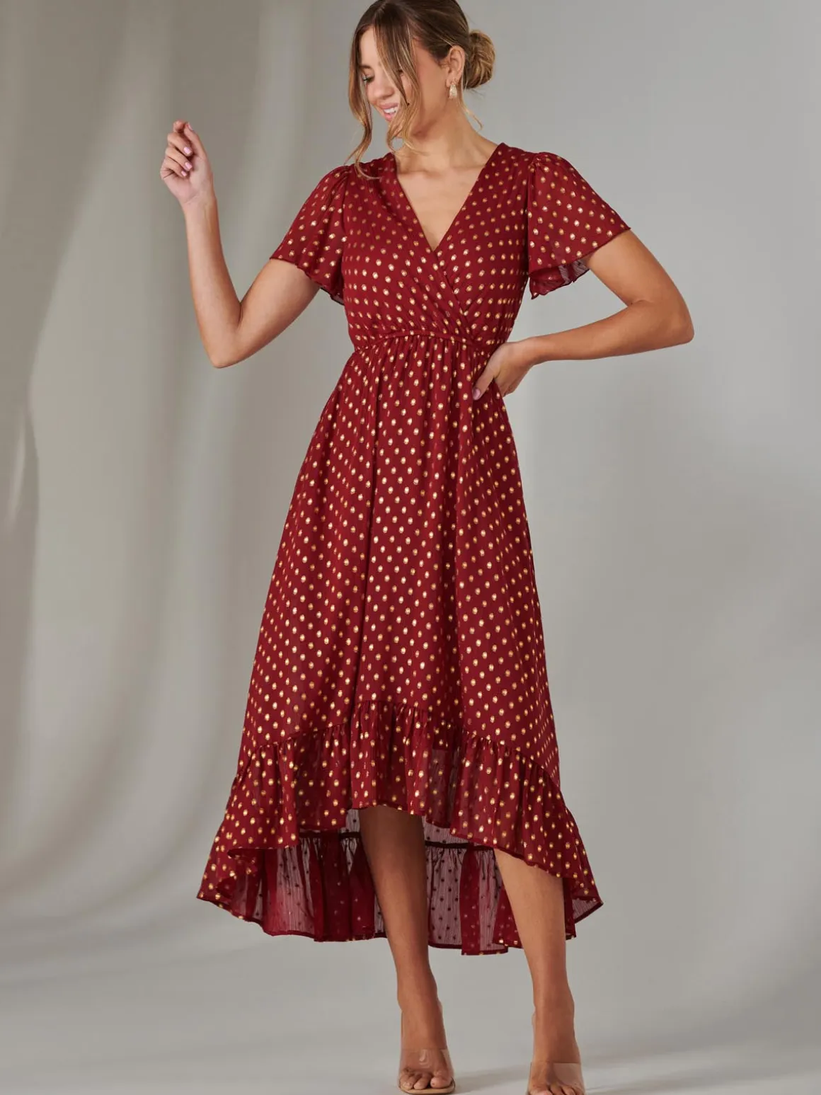Chiffon Short Sleeve Midaxi Dress, Burgundy