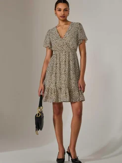 Chiffon Short Sleeve Tie Waist Mini Dress, Black Cream