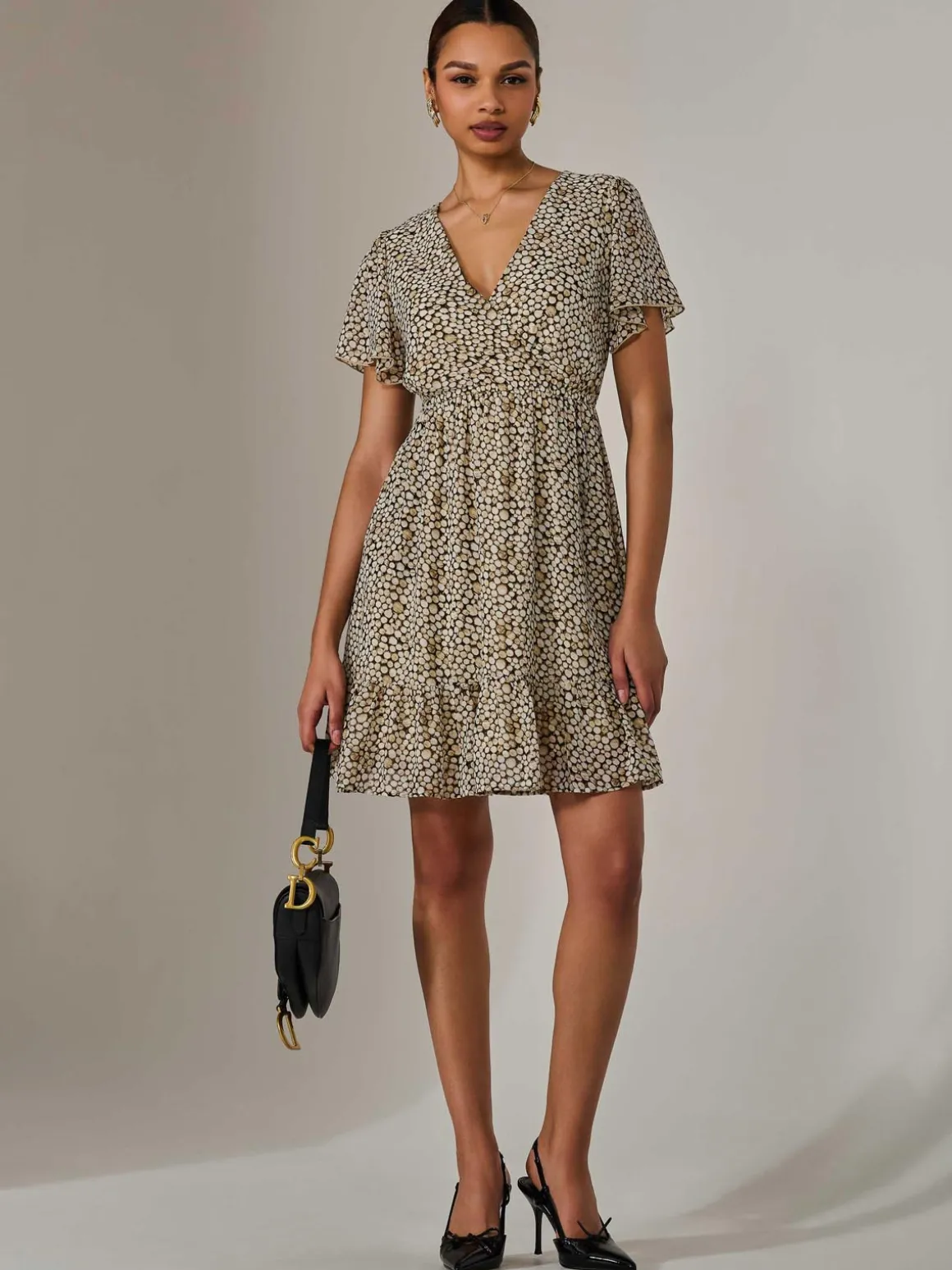 Chiffon Short Sleeve Tie Waist Mini Dress, Black Cream