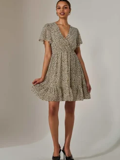Chiffon Short Sleeve Tie Waist Mini Dress, Black Cream