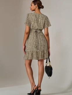 Chiffon Short Sleeve Tie Waist Mini Dress, Black Cream