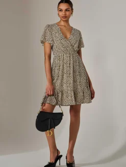 Chiffon Short Sleeve Tie Waist Mini Dress, Black Cream