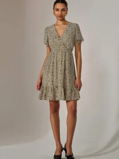 Chiffon Short Sleeve Tie Waist Mini Dress, Black Cream