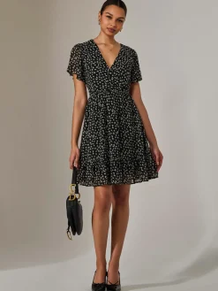 Chiffon Short Sleeve Tie Waist Mini Dress, Black Pattern